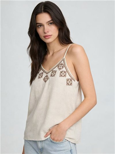 Geometric embroidered linen cami top