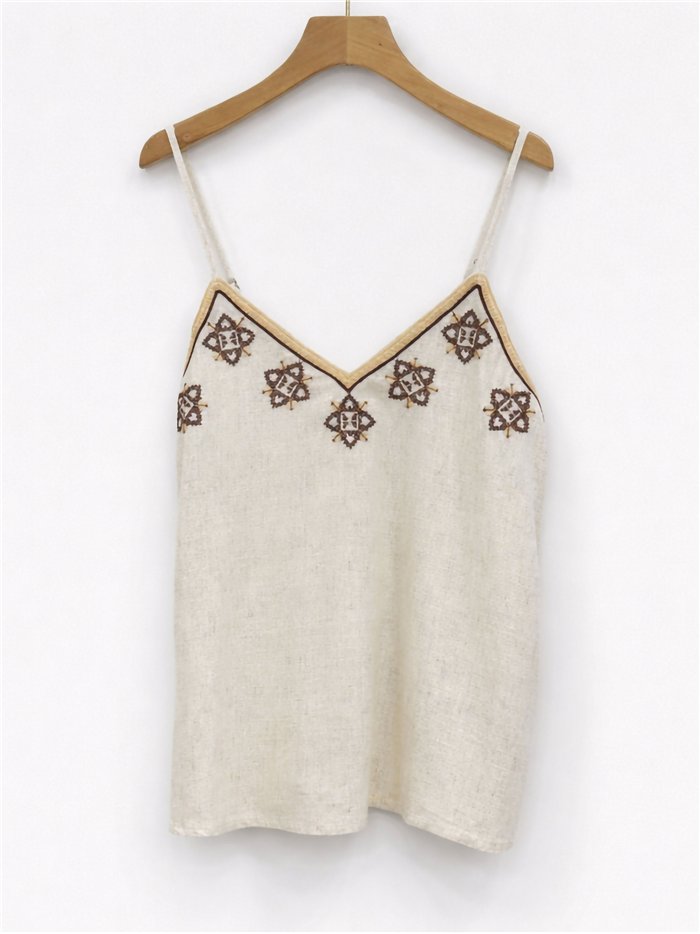 Top de lino bordado geométrico
