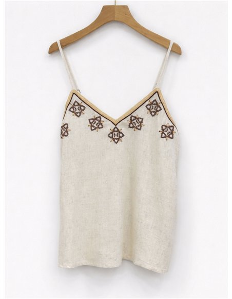 Top de lino bordado geométrico