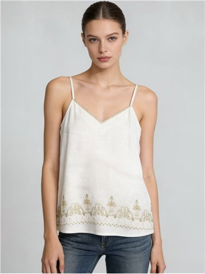 Blusa de linho bordada com lantejoulas.