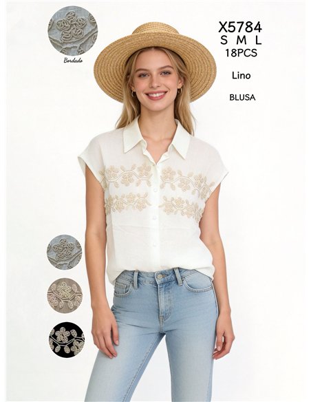 Camicia di lino con ricami floreali