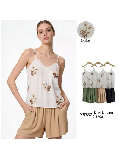 Conjunto top de lino bordado floral encaje y short 2