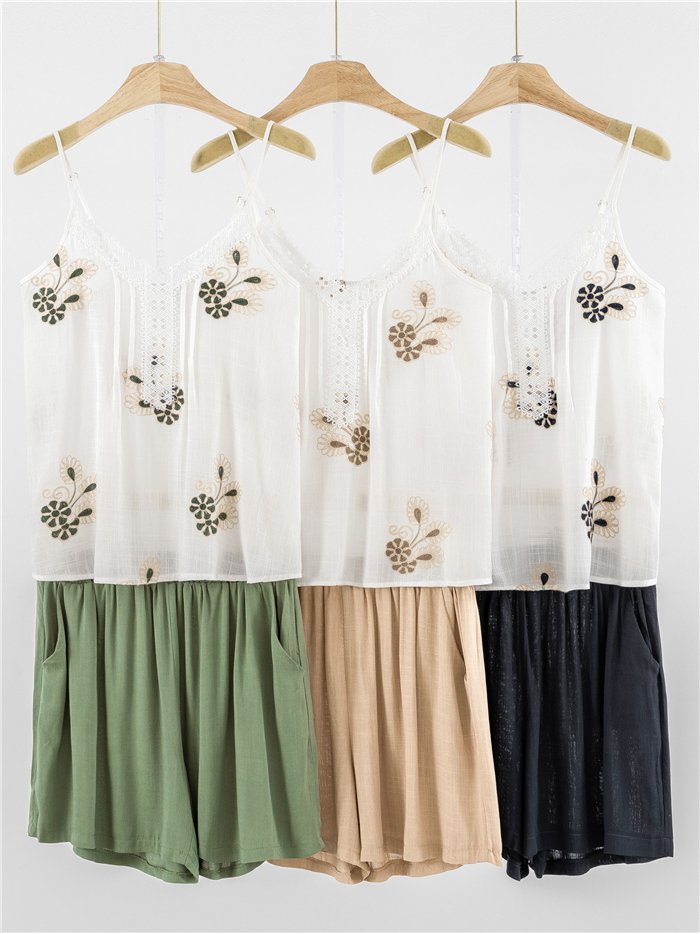 Conjunto top de lino bordado floral encaje y short