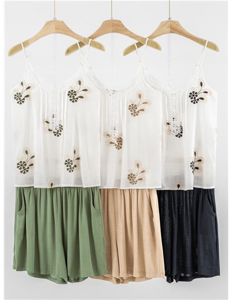 Conjunto top de lino bordado floral encaje y short