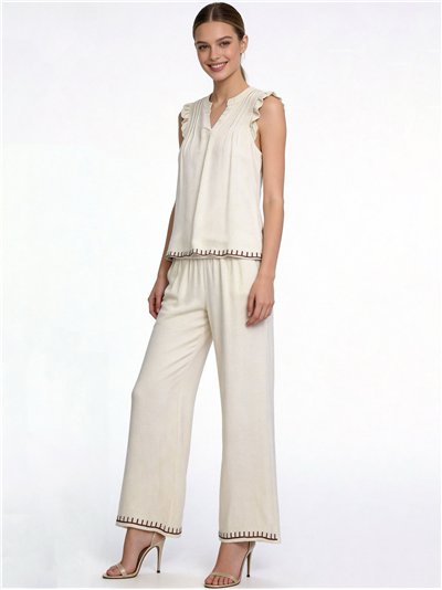 Conjunto blusa de lino bordado y pantalón