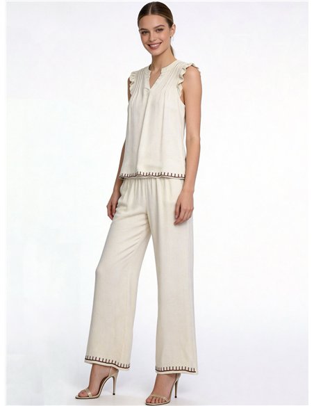 Conjunto blusa de lino bordado y pantalón