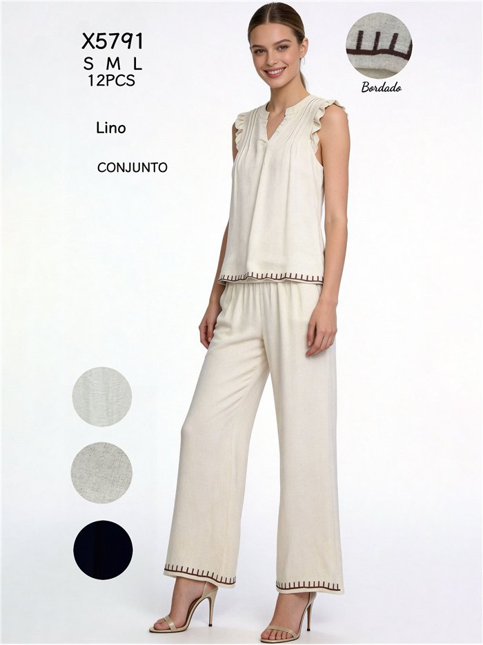 Conjunto blusa de lino bordado y pantalón