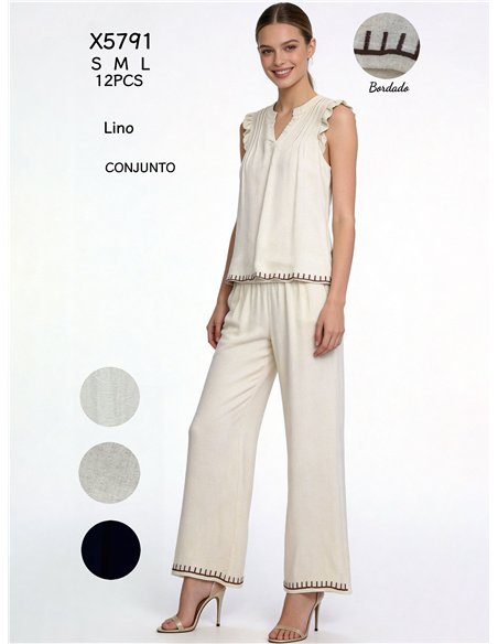 Conjunto blusa de lino bordado y pantalón