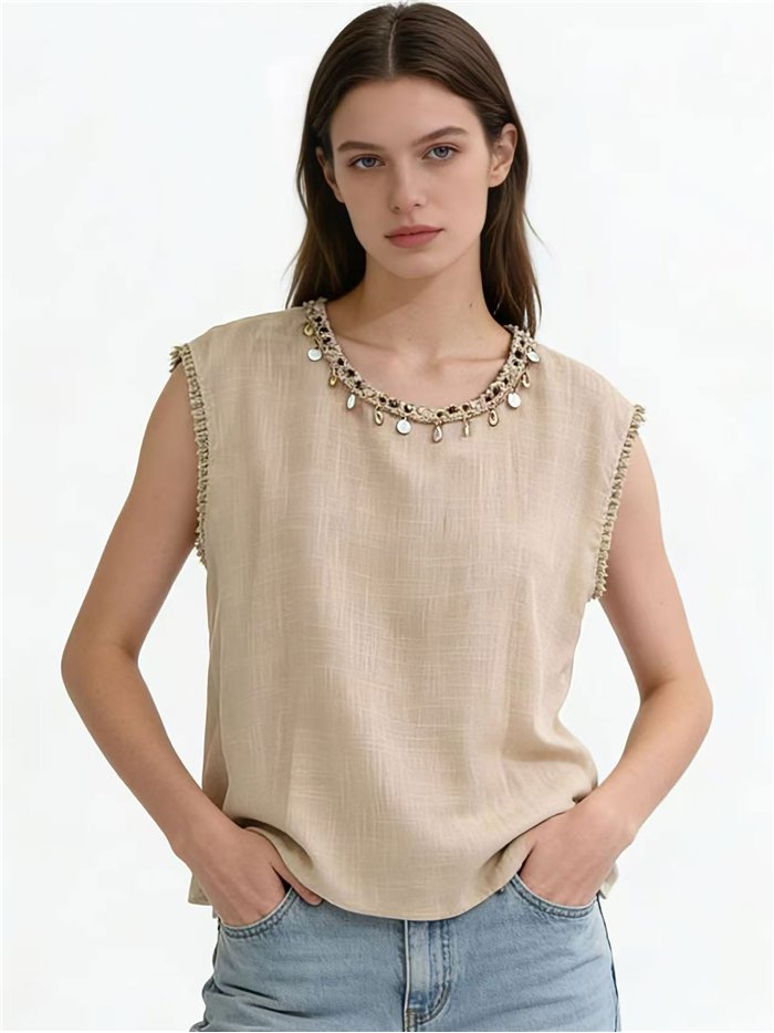 Blusa de lino con cuello conchas