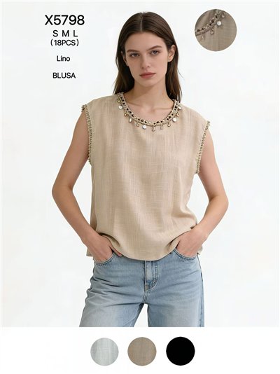 Blusa de lino con cuello conchas 2