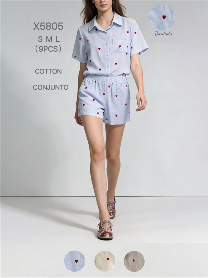 Conjunto camisa algodón con corazones bordados y short