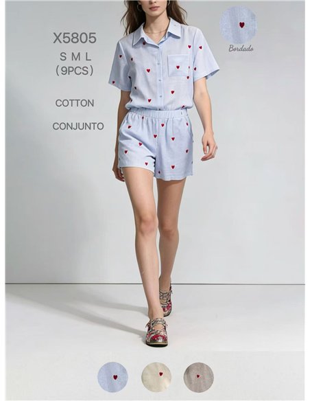 Conjunto camisa algodón con corazones bordados y short