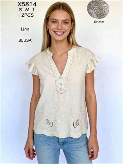 Blusa de linho com babados e bordado vazado. 2