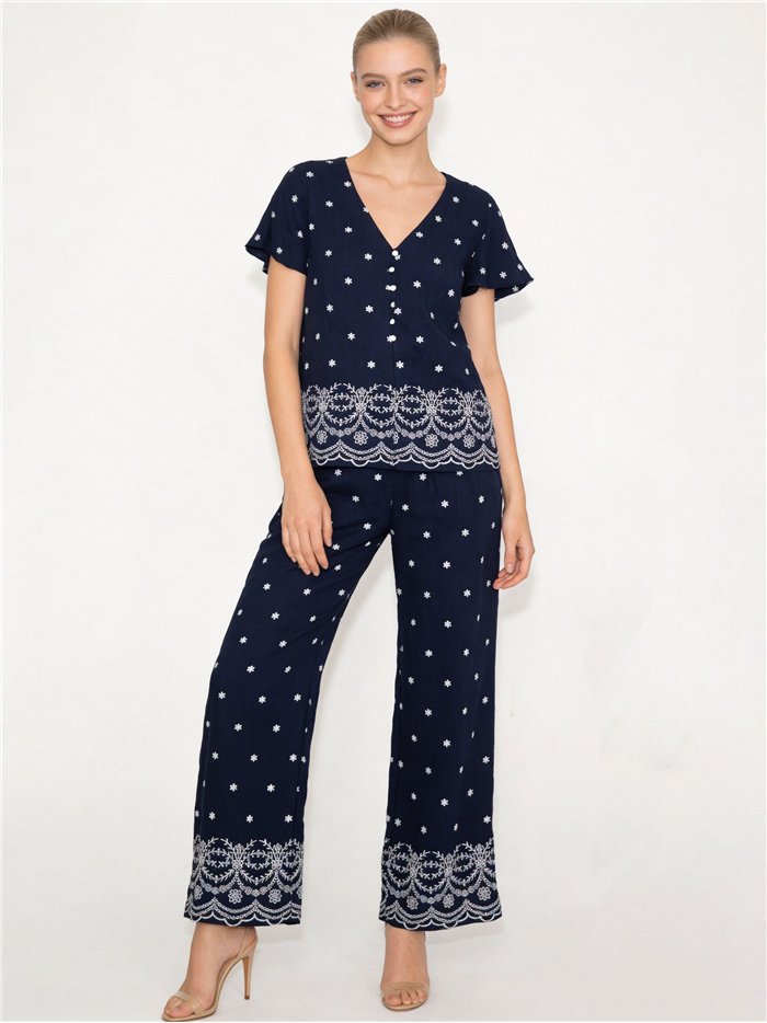 Conjunto de blusa estampada com mangas flare e calça