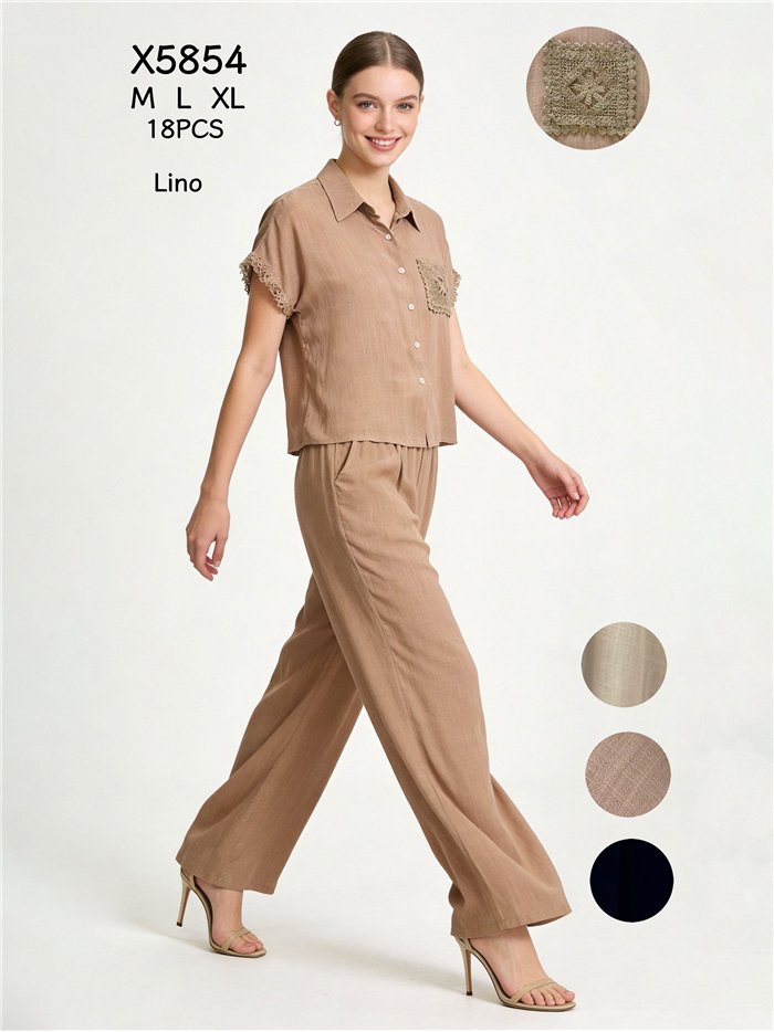 Conjunto de camisa e calça de linho com detalhes em crochê