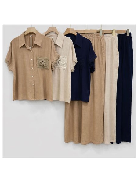Conjunto de camisa e calça de linho com detalhes em crochê