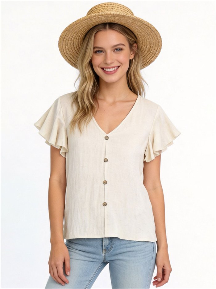 Chemisier en lin à boutons et manches à volants