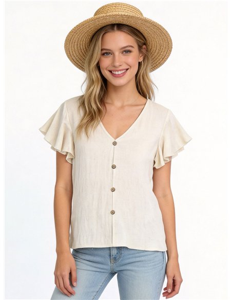 Chemisier en lin à boutons et manches à volants