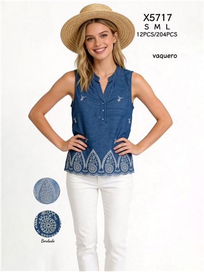 Blusa símil denim bordada sin mangas 2