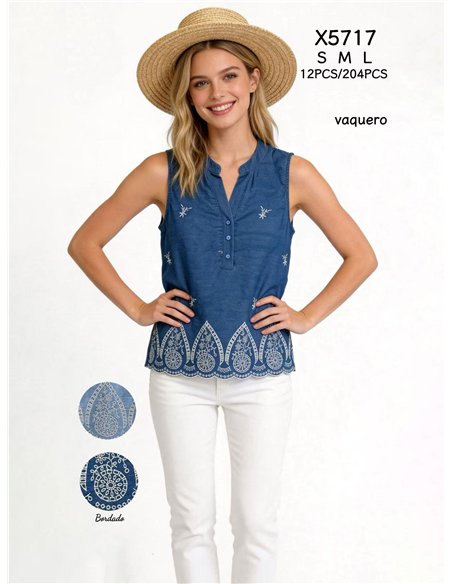 Blusa símil denim bordada sin mangas
