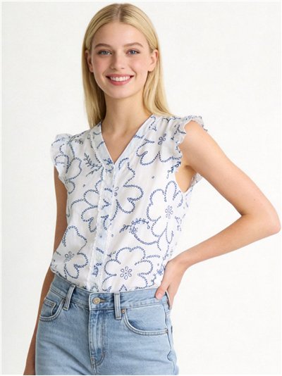 Blusa floral de algodón detalle calado con volante