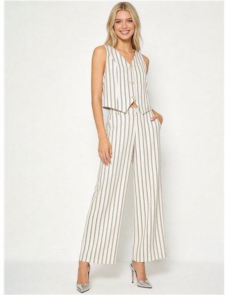 Conjunto chaleco rayas de lino y pantalón ancho