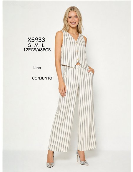 Conjunto chaleco rayas de lino y pantalón ancho