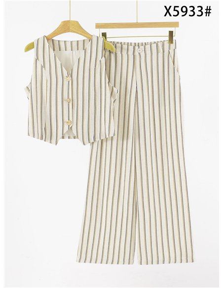 Conjunto chaleco rayas de lino y pantalón ancho