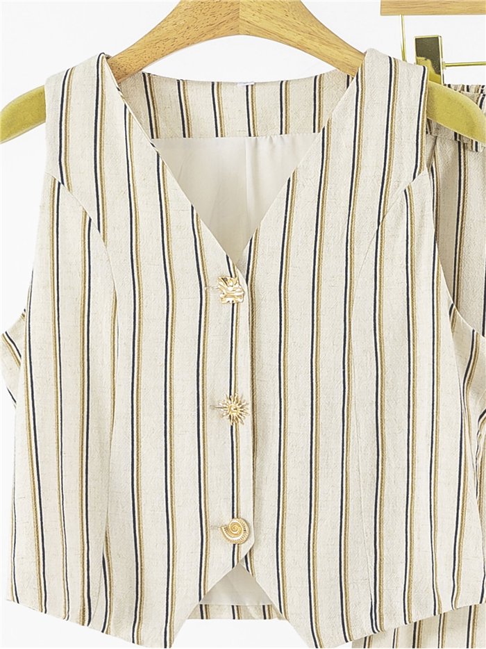 Conjunto chaleco rayas de lino y pantalón ancho