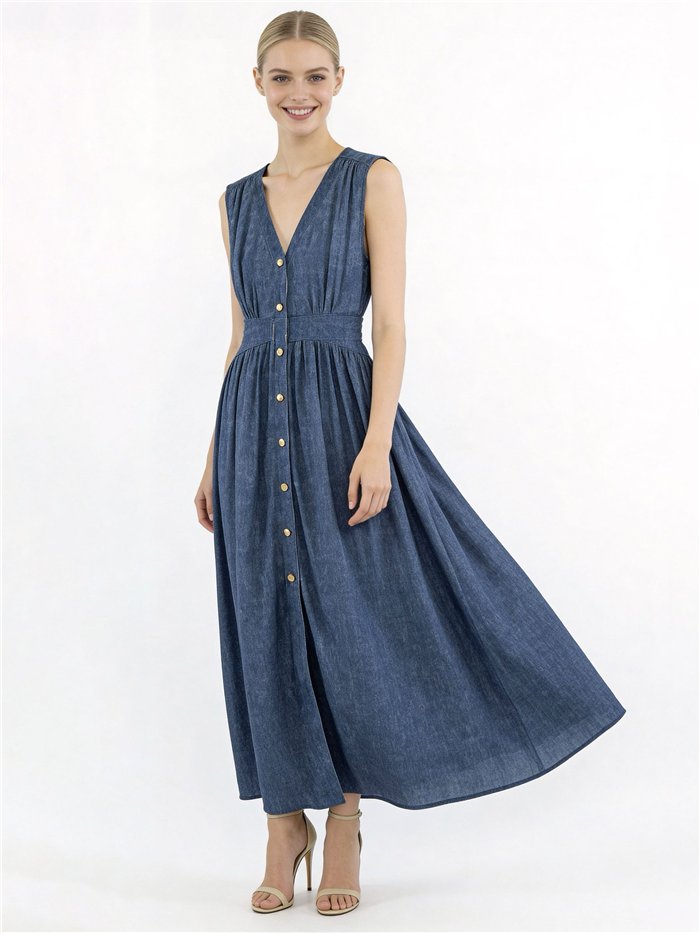 Vestido maxi sem mangas com efeito jeans