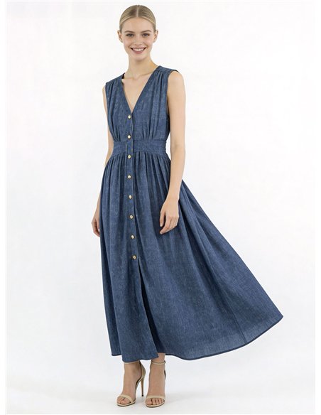 Vestido maxi sem mangas com efeito jeans