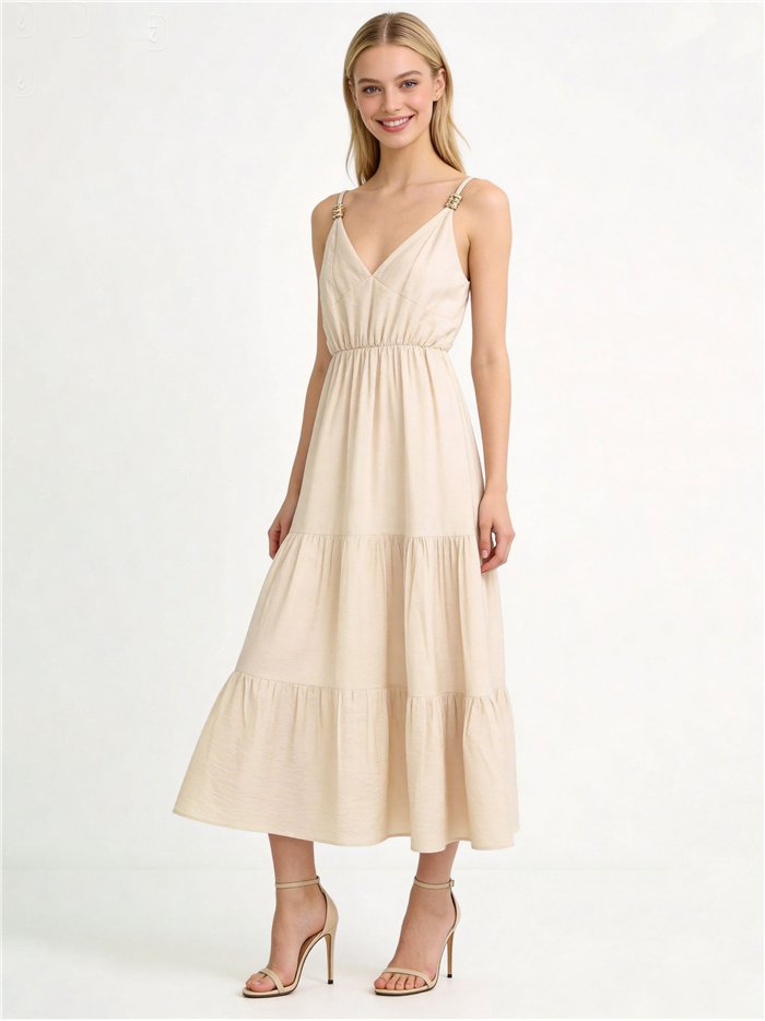 Vestido midi de tirantes con detalle dorado