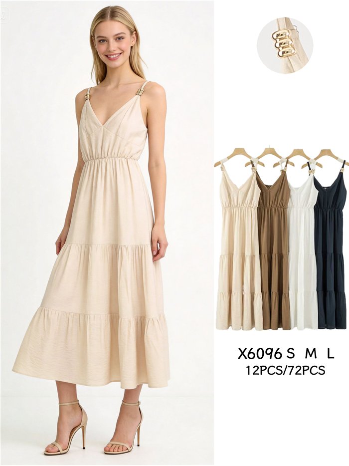 Vestido midi de tirantes con detalle dorado