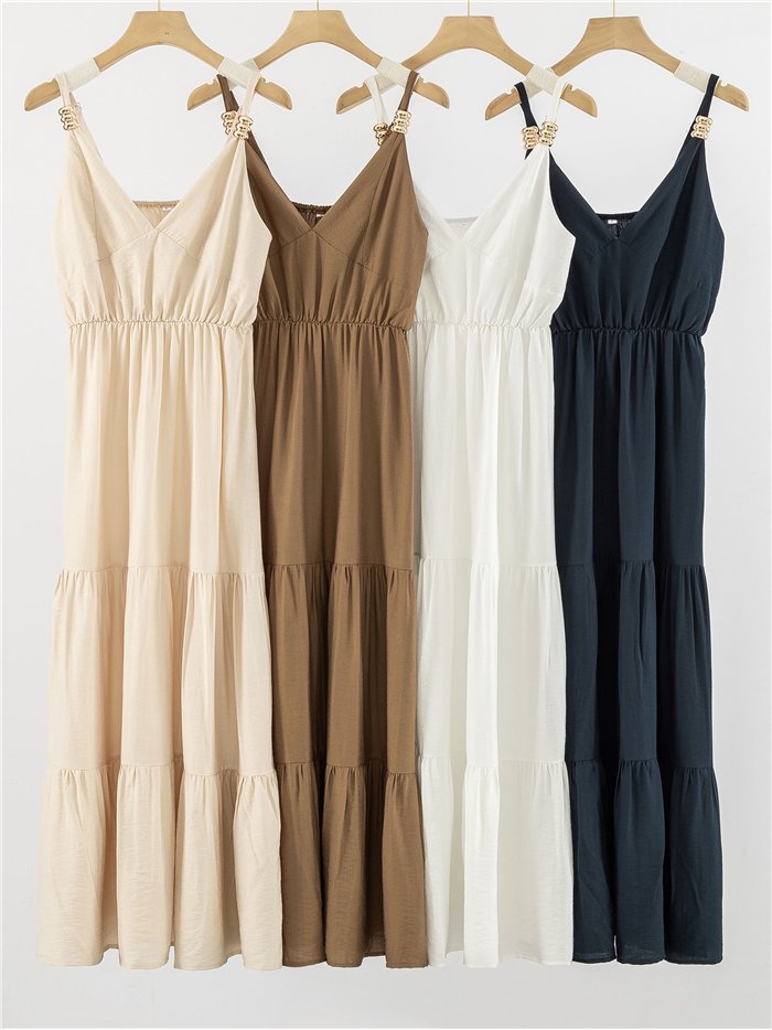 Vestido midi de tirantes con detalle dorado