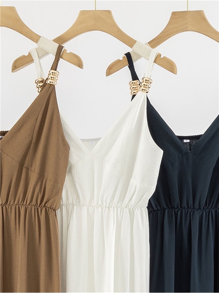 Vestido midi de tirantes con detalle dorado