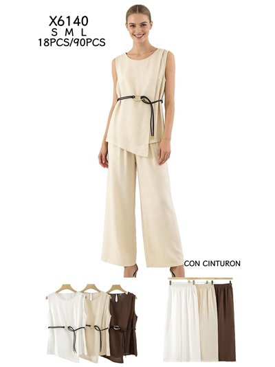Conjunto top asimétrico con cinturón y pantalón ancho 2
