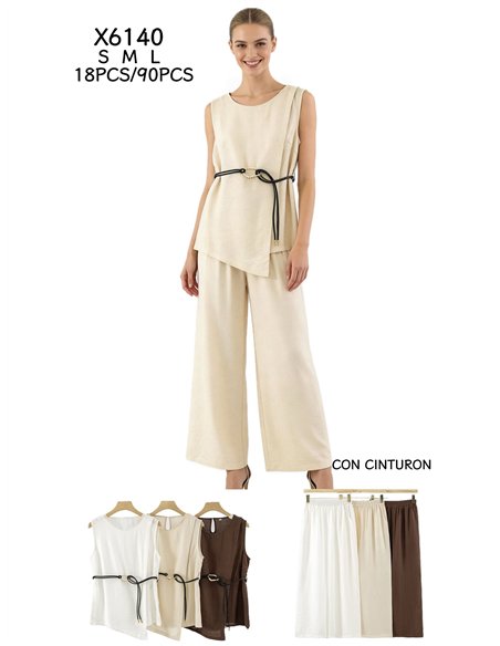 Conjunto top asimétrico con cinturón y pantalón ancho