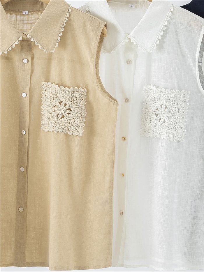 Camicia senza maniche con tasca all'uncinetto