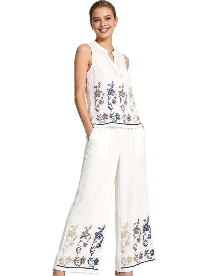 Conjunto blusa bordada floral y pantalón ancho