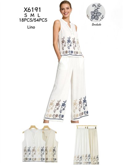 Conjunto blusa bordada floral y pantalón ancho 2