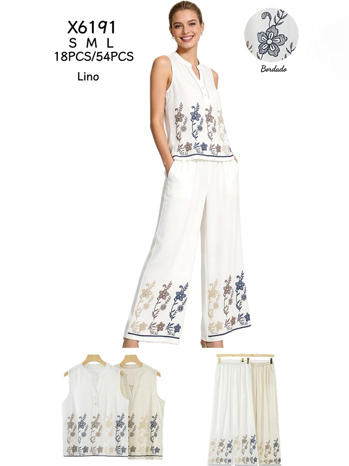 Conjunto blusa bordada floral y pantalón ancho