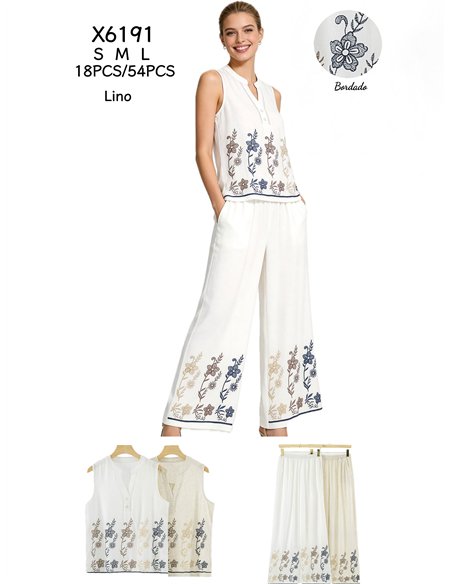 Conjunto blusa bordada floral y pantalón ancho