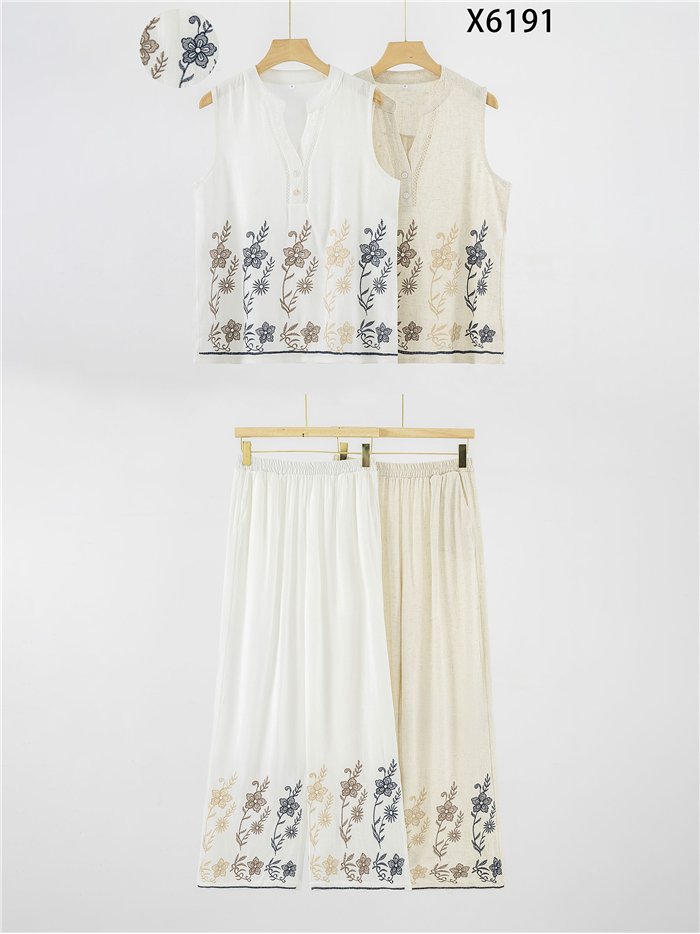 Conjunto blusa bordada floral y pantalón ancho