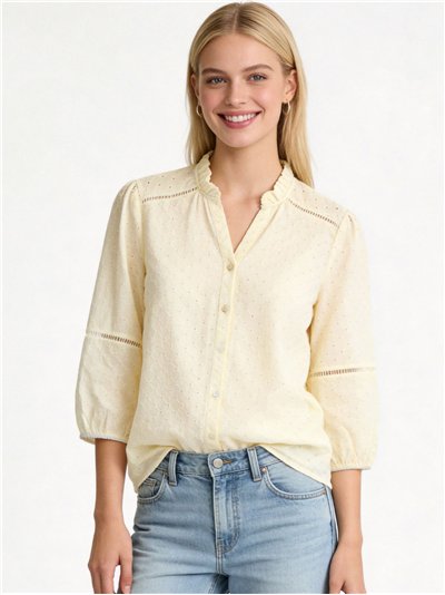 Die-cut embroidered cotton blouse with three quarter sleeves