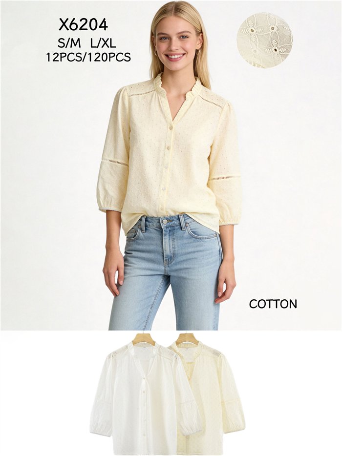 Die-cut embroidered cotton blouse with three quarter sleeves