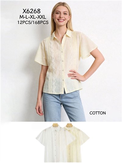 Camisa pliegues con encaje manga corta 2