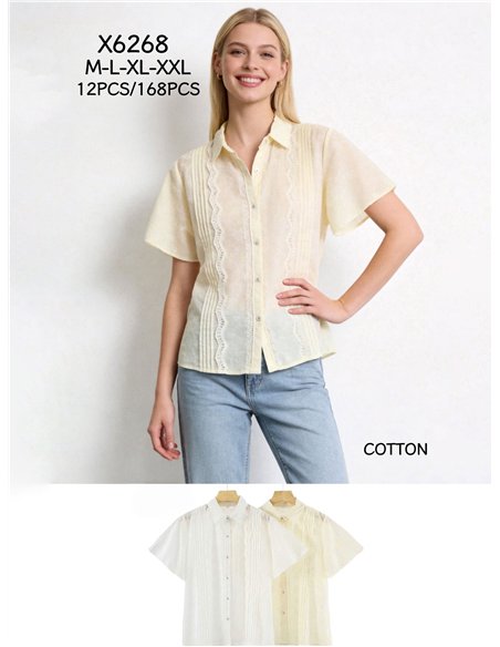 Camisa pliegues con encaje manga corta