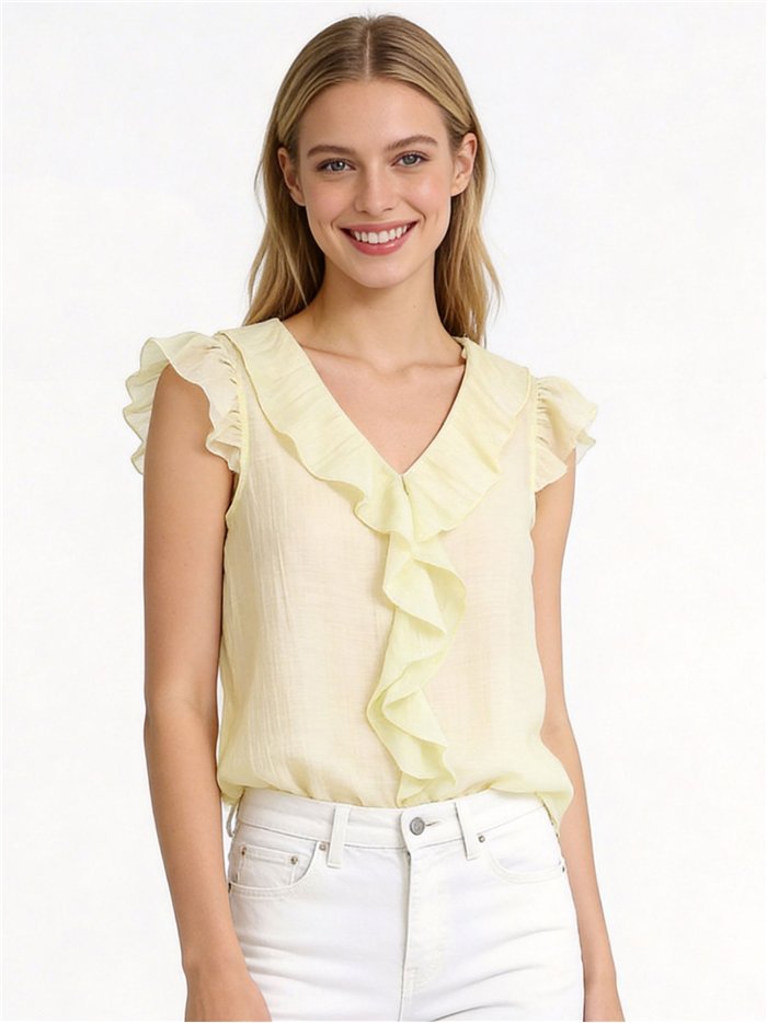 Blusa efecto seda sin mangas con volante