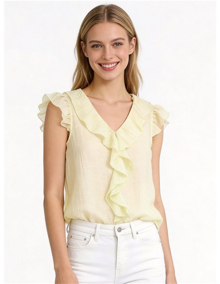 Blusa efecto seda sin mangas con volante