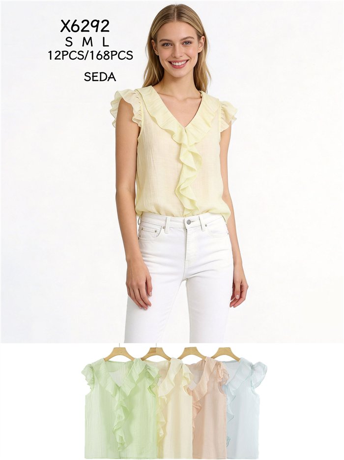 Blusa efecto seda sin mangas con volante